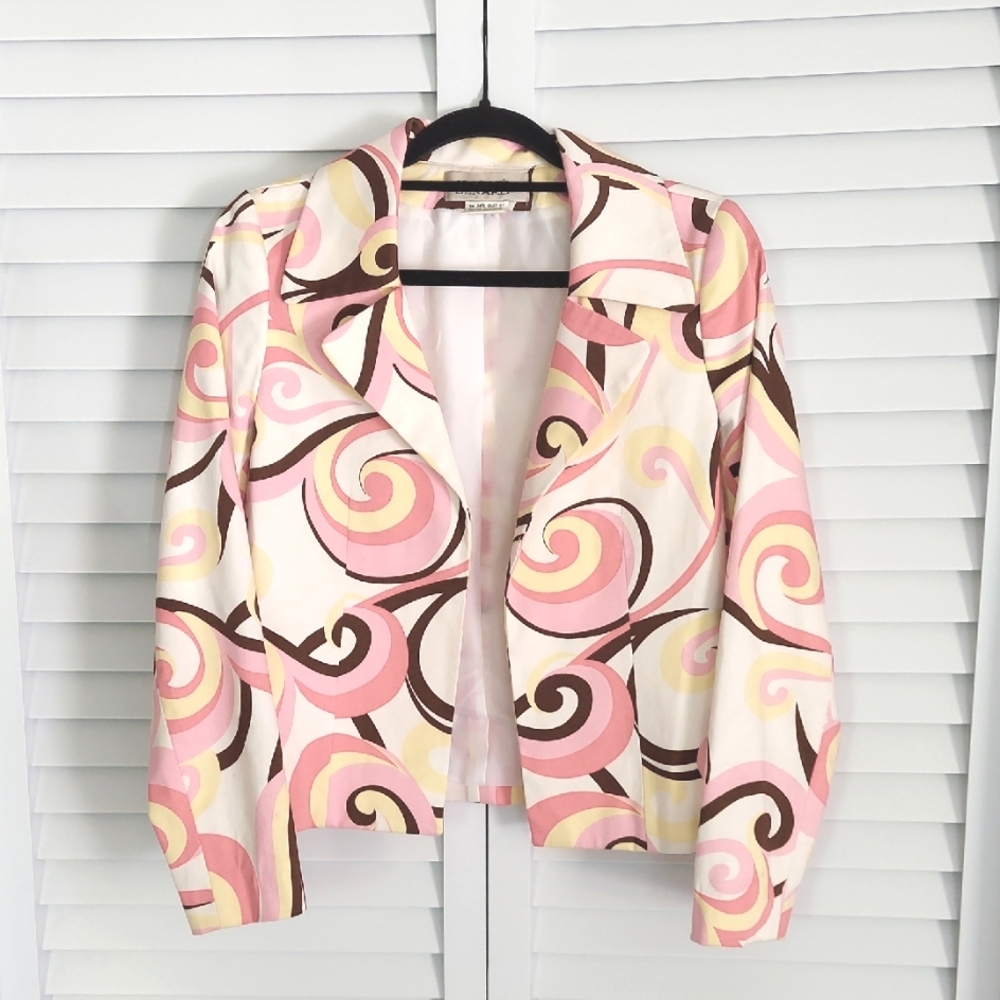 Harve Benard Jacket, Pink &‎ Brown Blazer w/ Modern Swirl Design, Cotton, Lined
